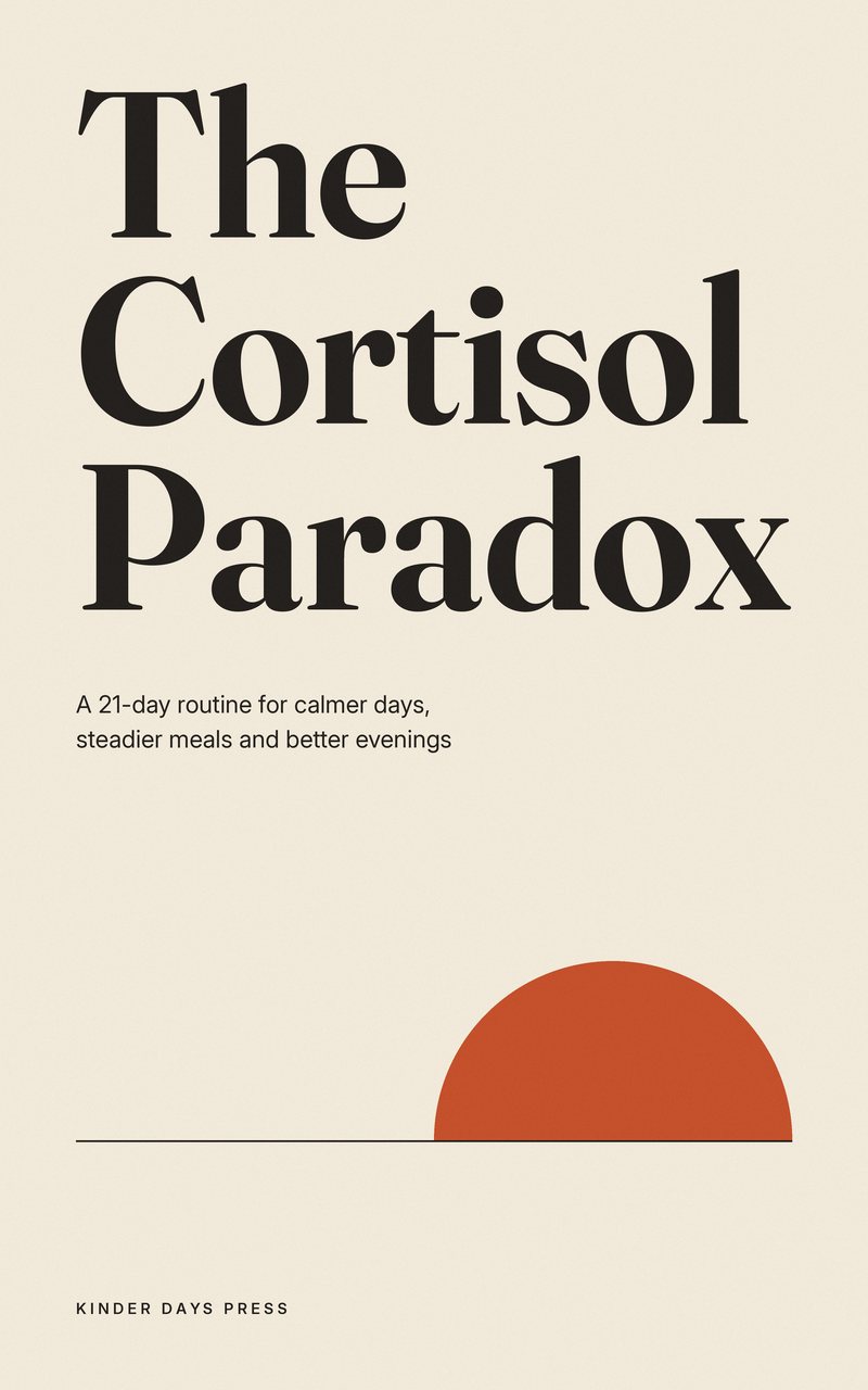 Cover of The Cortisol Paradox: a 21-day routine for calmer days, steadier meals, and better evenings. Kinder Days Press.