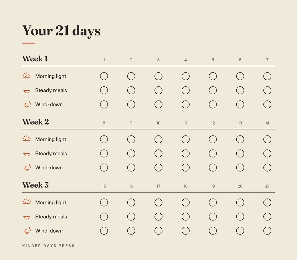 21-day tracker with a morning, midday, and evening box for each of 21 days.